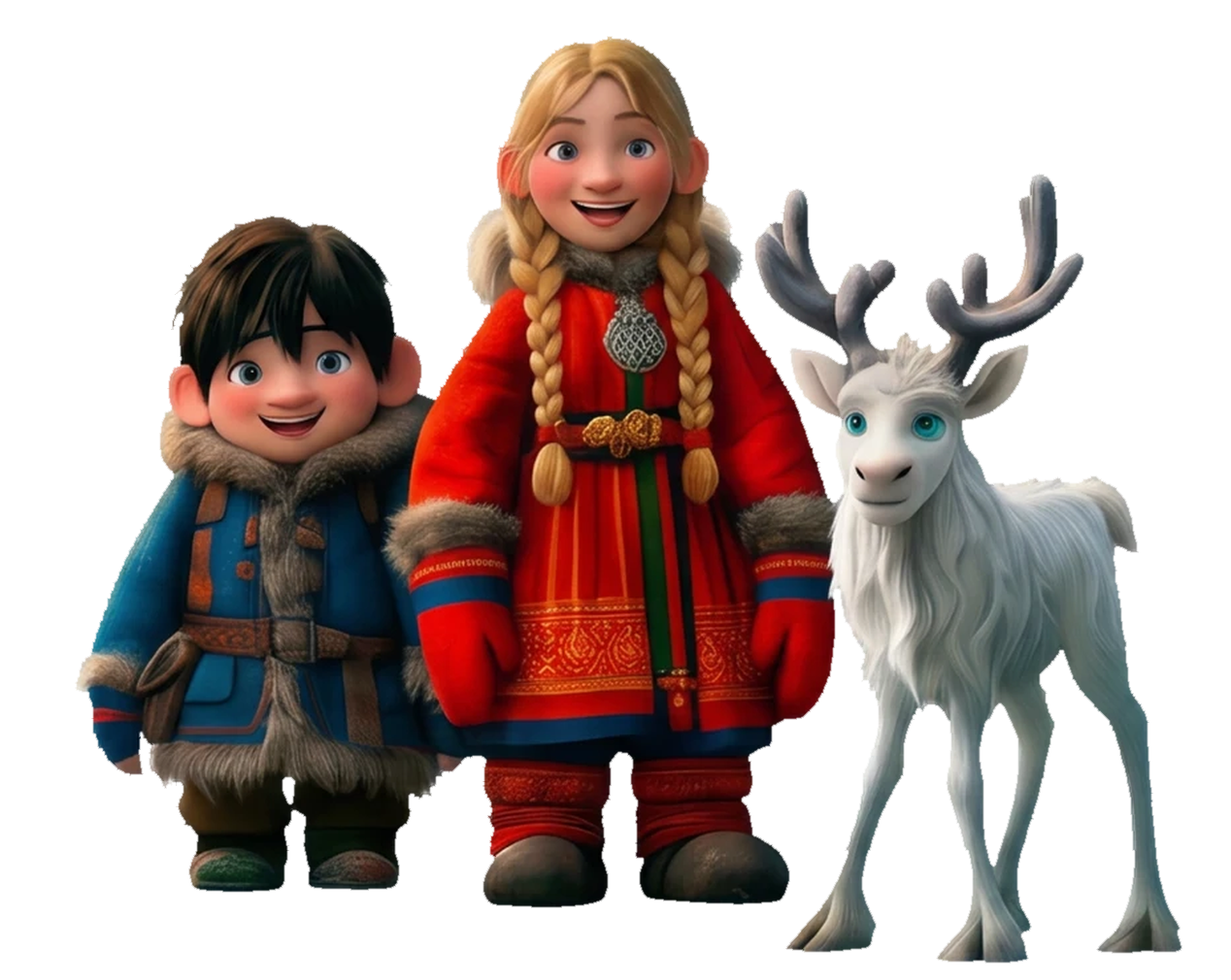 Aksel, Elin and their little white reindeer Freja from The Guardians of Frostvik