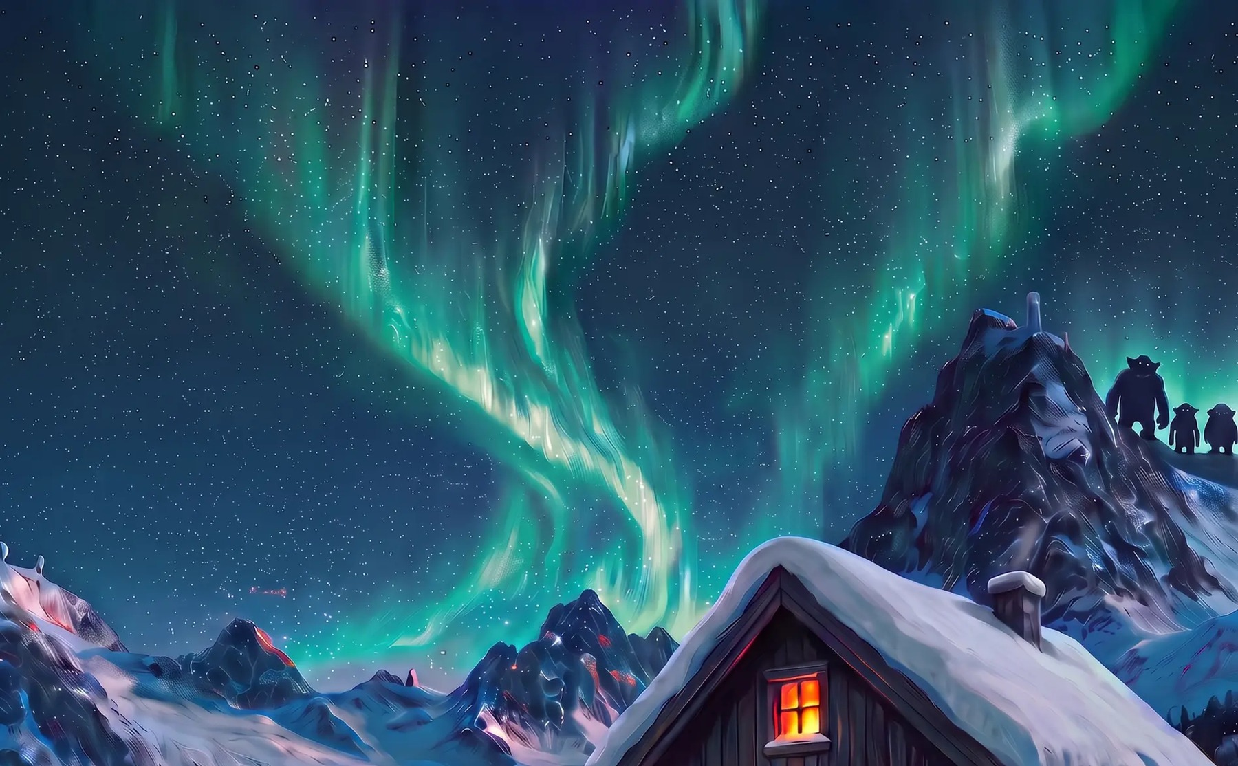 Northern lights above the snow-covered mountains and glowing houses of Frostvik